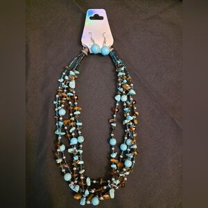 multi-strand beaded necklace and matching earrings turquoise and brown